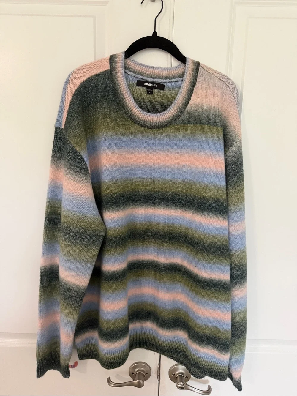 Fashion Nova Men’s Striped Crewneck Sweater in Pink, Blue & Olive
